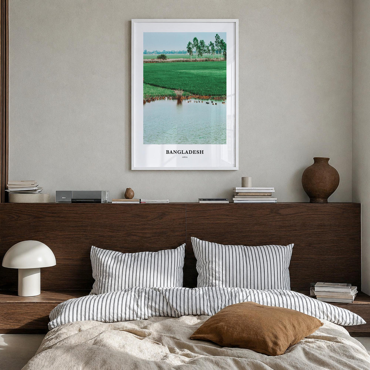 Bangladesh colorful classic poster of Asia – vertical wall art in white wood frame, hanging on wall
