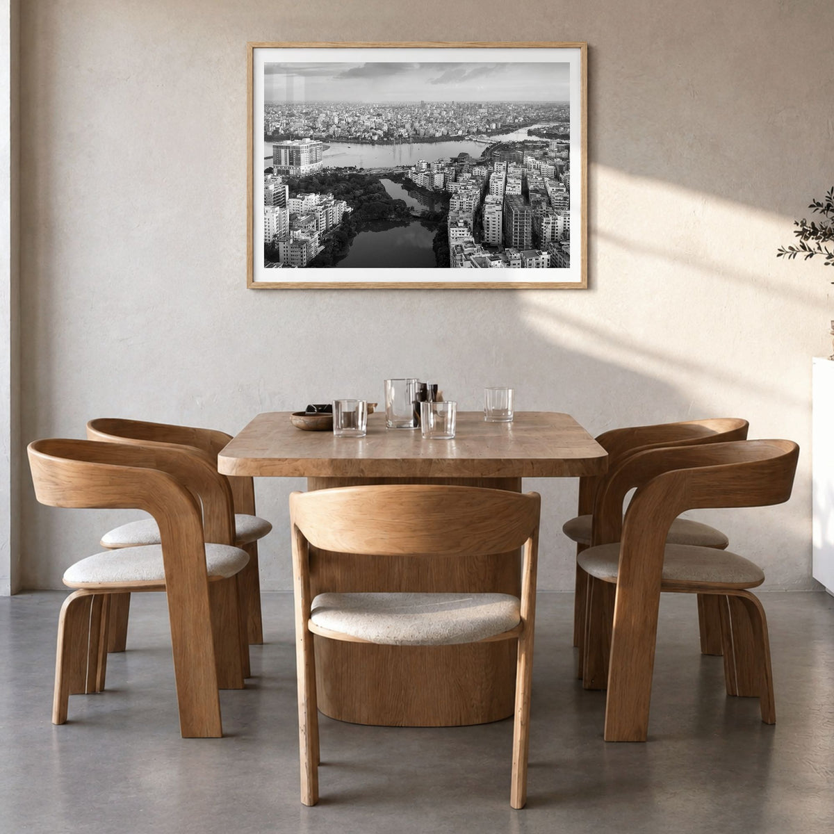 Bangladesh Photo Poster in a natural wood frame, hanging in a dining room, white border