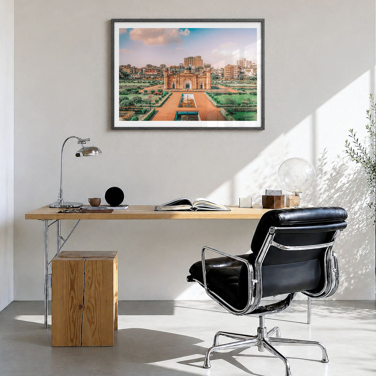 Bangladesh Photo Poster in a black wood frame, hanging in a bright home office, white border