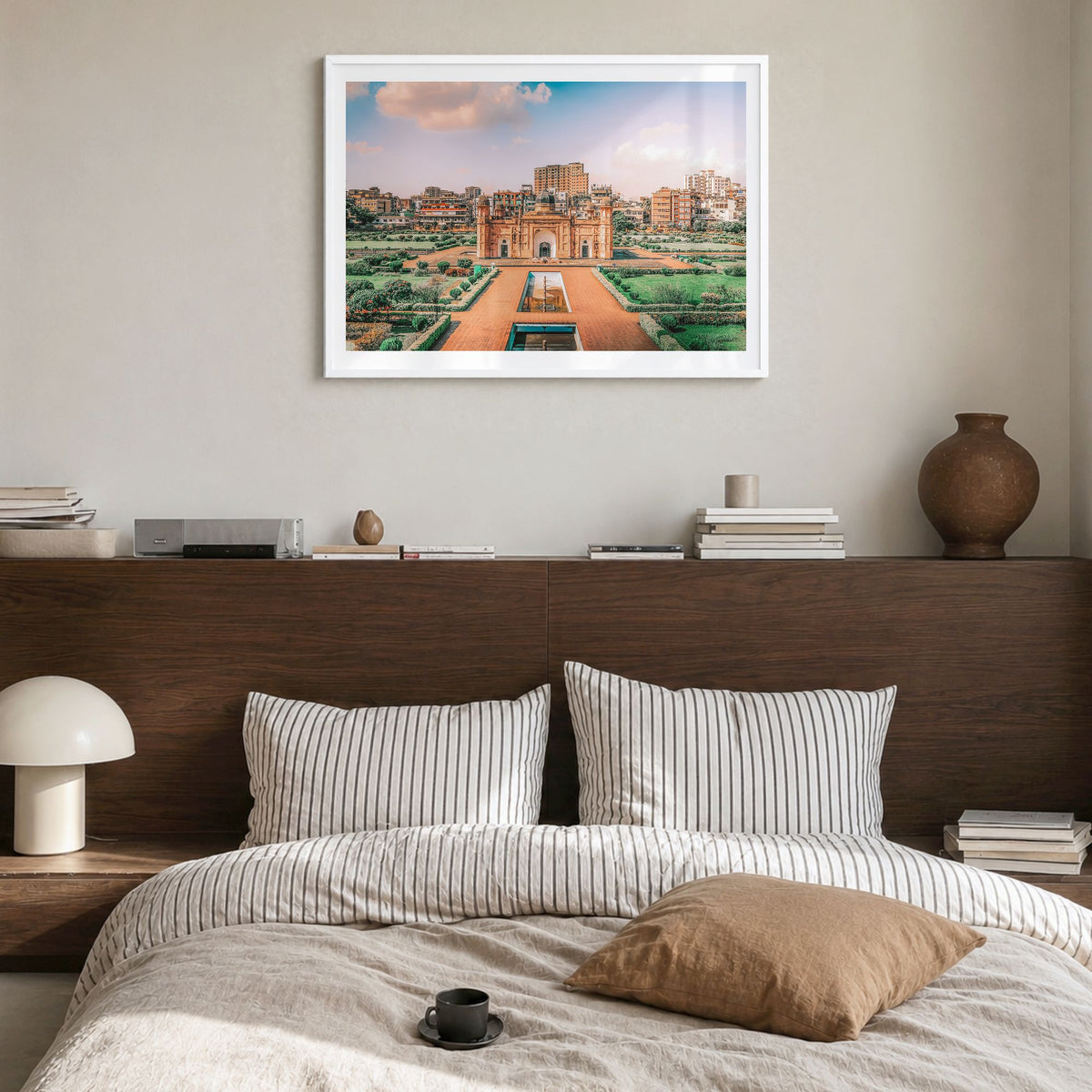 Bangladesh Photo Poster in a white wood frame, hanging in a bedroom, white border