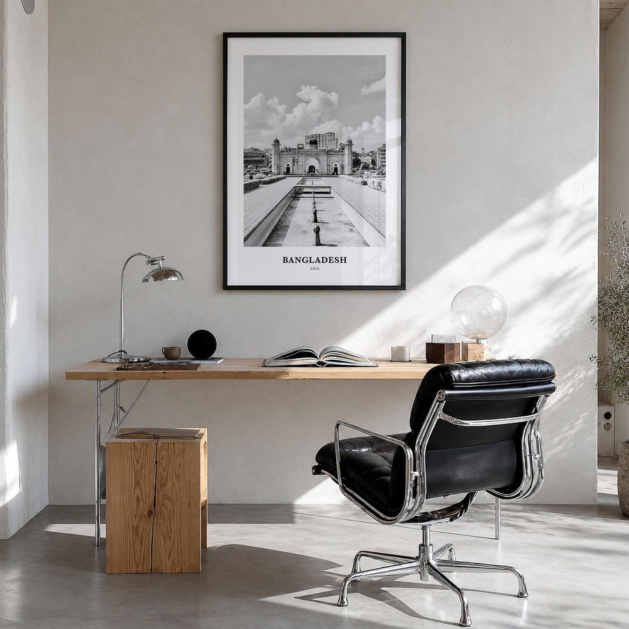 Bangladesh no. 1 black & white classic poster of Asia – vertical wall art in black wood frame, hanging on wall