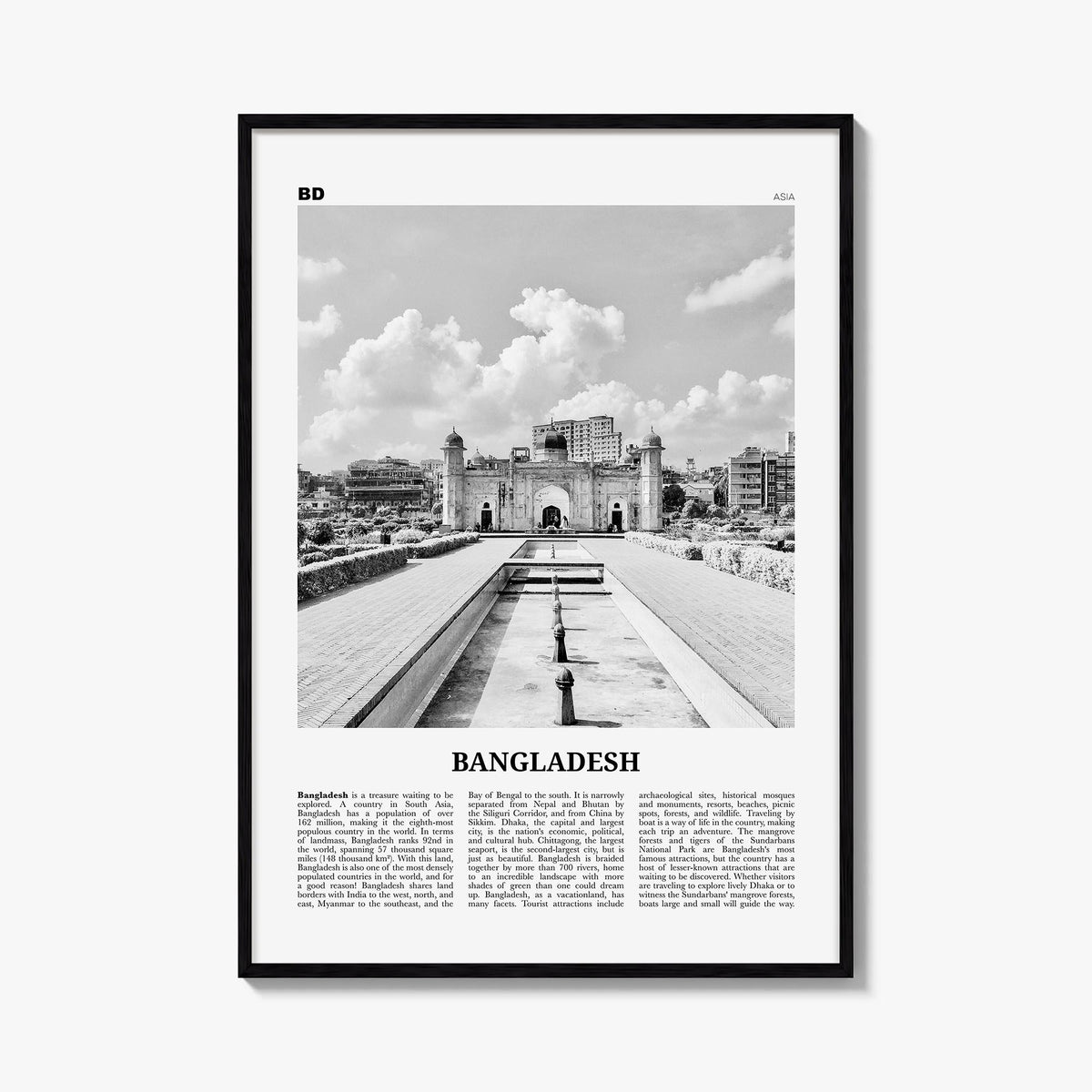 Bangladesh no. 2 black & white newspaper poster of Asia – vertical wall art, unframed print shown in interior mockup