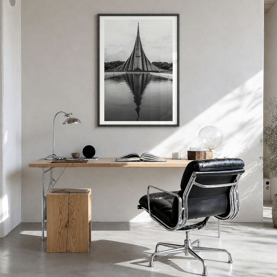 Bangladesh Photo Poster in a black wood frame, hanging in a bright home office, white border