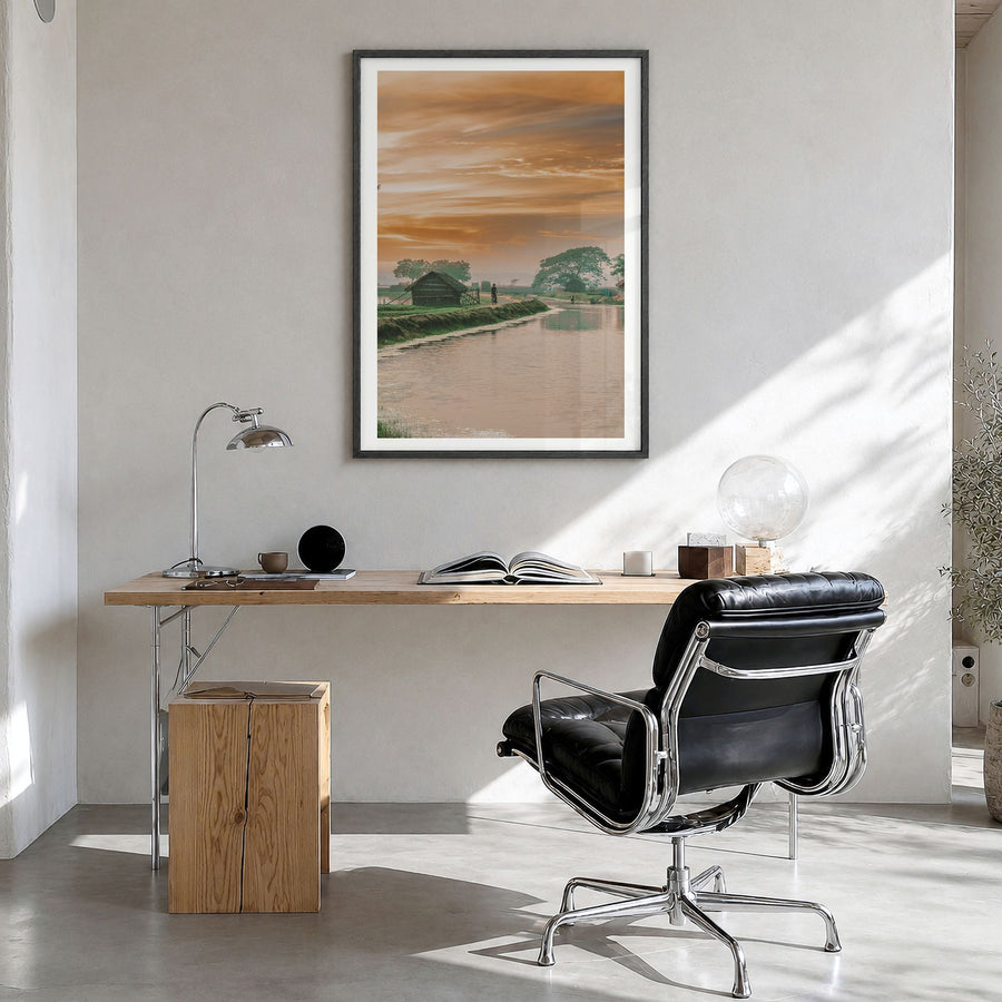 Bangladesh Photo Poster in a black wood frame, hanging in a bright home office, white border