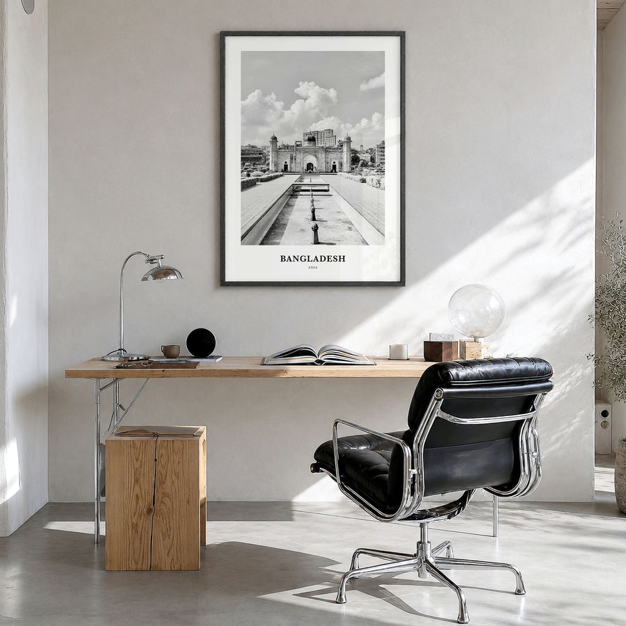 Bangladesh Classic No 1 Poster in a black wood frame, hanging in a bright home office