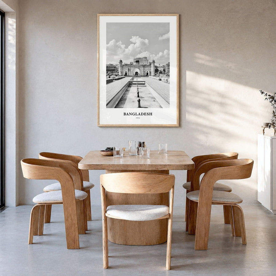 Bangladesh Classic No 1 Poster in a natural wood frame, hanging in a dining room