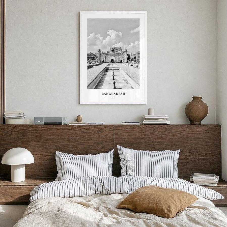 Bangladesh Classic No 1 Poster in a white wood frame, hanging in a bedroom