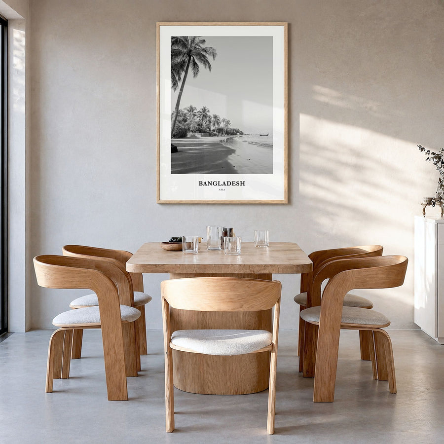 Bangladesh Classic No 2 Poster in a natural wood frame, hanging in a dining room