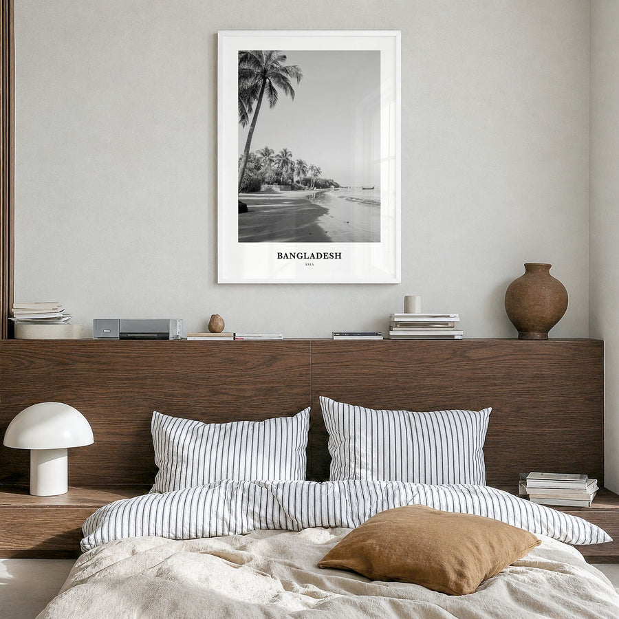 Bangladesh Classic No 2 Poster in a white wood frame, hanging in a bedroom