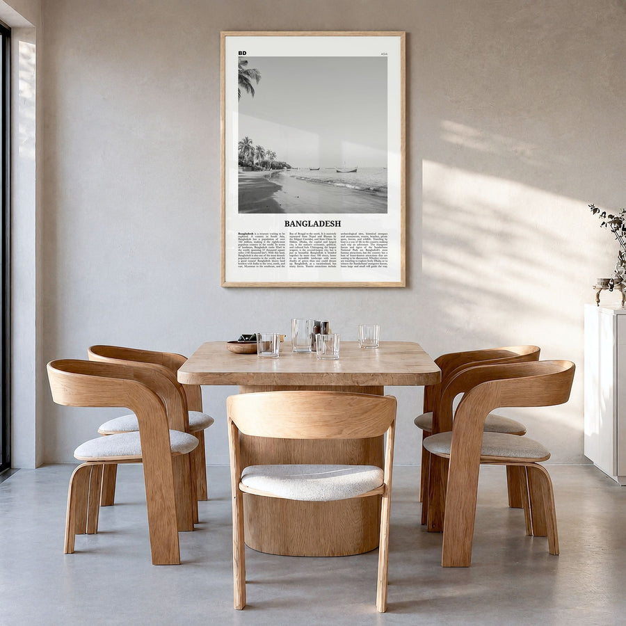 Bangladesh Newspaper No 1 Poster in a natural wood frame, hanging in a dining room
