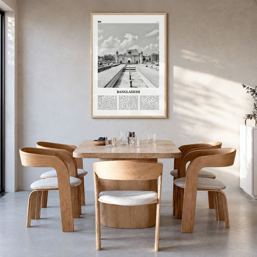 Bangladesh Newspaper No 2 Poster in a natural wood frame, hanging in a dining room
