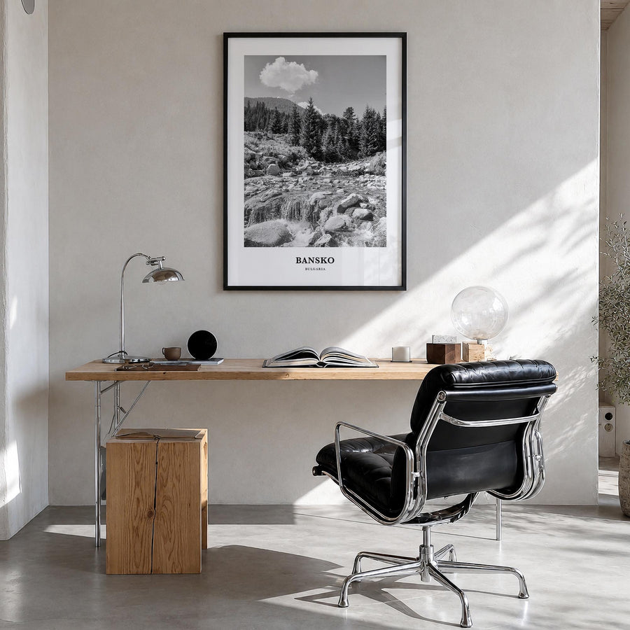 Bansko black & white classic poster of Bulgaria – vertical wall art in black wood frame, hanging on wall
