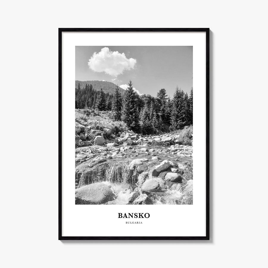 Bansko black & white classic poster of Bulgaria – vertical wall art, unframed print shown in interior mockup