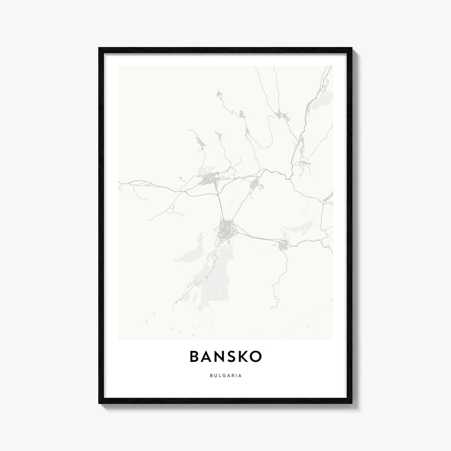 Bansko black & white map poster of Bulgaria – vertical wall art, unframed print shown in interior mockup