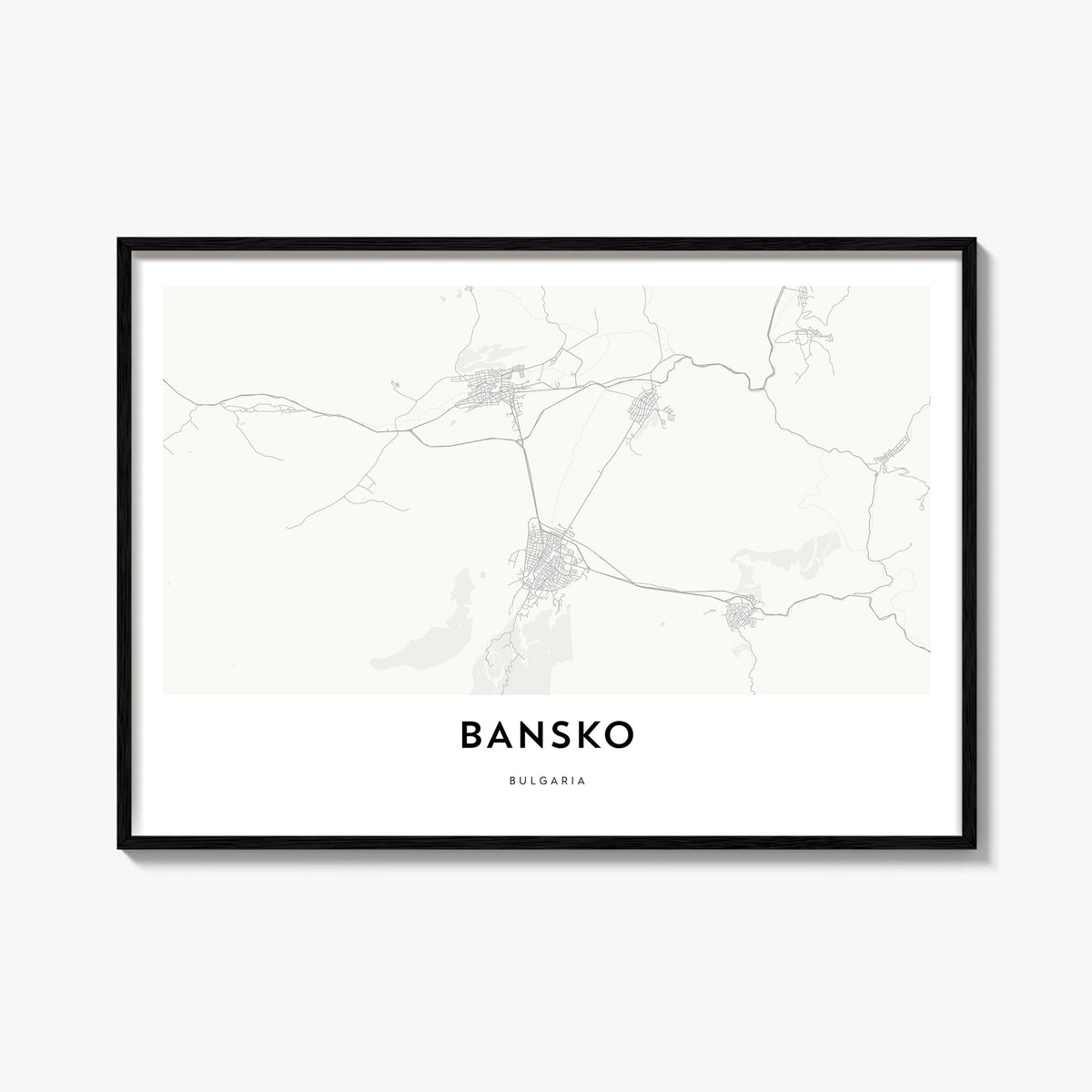Bansko black & white map poster of Bulgaria – horizontal wall art, unframed print shown in interior mockup