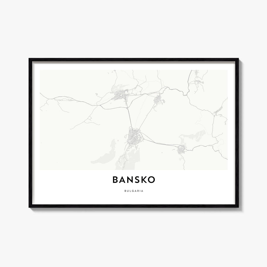 Bansko black & white map poster of Bulgaria – horizontal wall art, unframed print shown in interior mockup