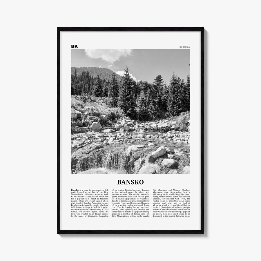 Bansko black & white newspaper poster of Bulgaria – vertical wall art, unframed print shown in interior mockup