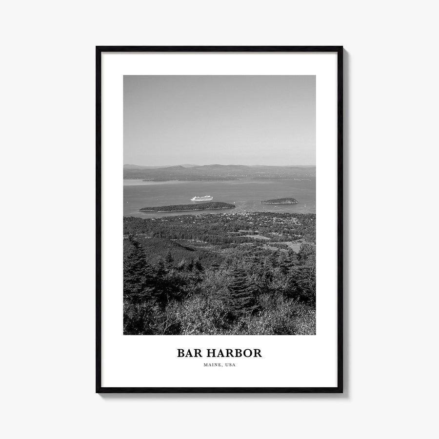 Bar Harbor black & white classic poster of Maine, USA – vertical wall art, unframed print shown in interior mockup