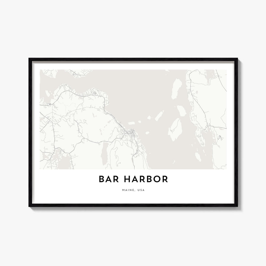 Bar Harbor black & white map poster of Maine, USA – horizontal wall art, unframed print shown in interior mockup