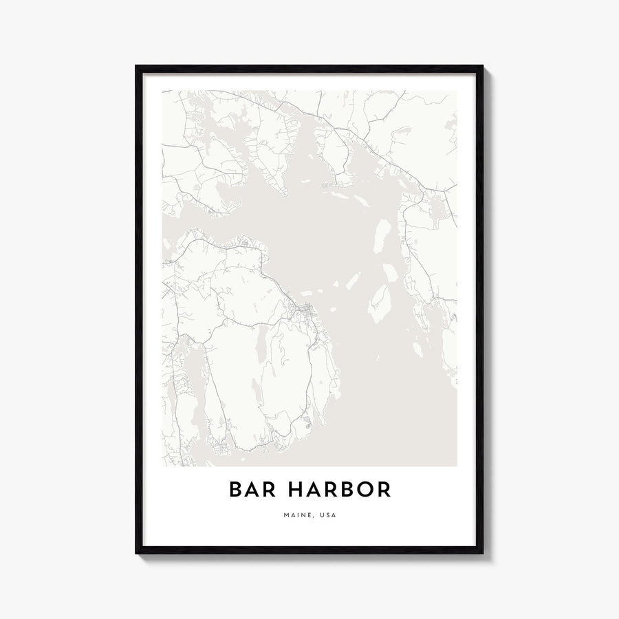 Bar Harbor black & white map poster of Maine, USA – vertical wall art, unframed print shown in interior mockup