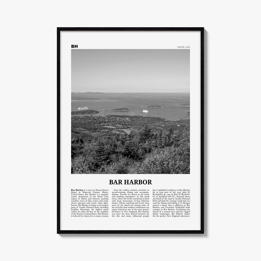 Bar Harbor black & white newspaper poster of Maine, USA – vertical wall art, unframed print shown in interior mockup