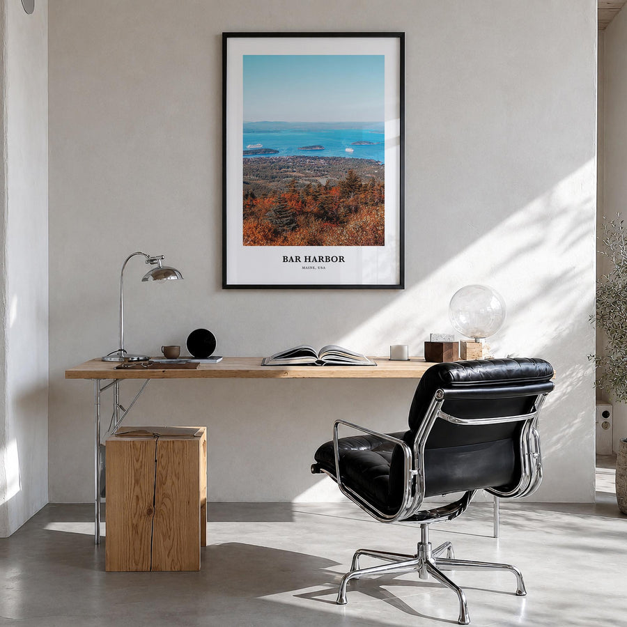 Bar Harbor no. 1 colorful classic poster of Maine, USA – vertical wall art in black wood frame, hanging on wall
