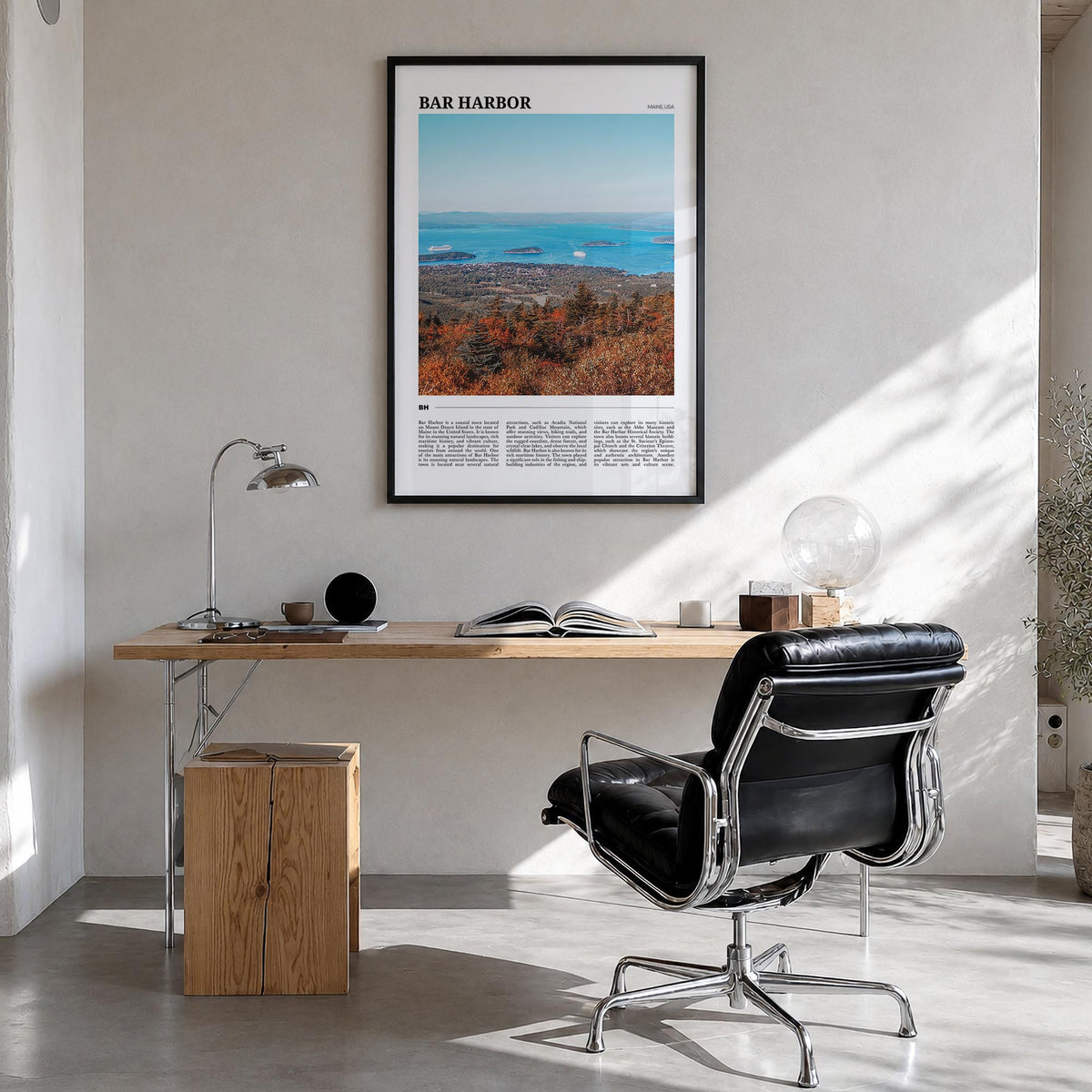 Bar Harbor no. 1 colorful travel poster of Maine, USA – vertical wall art in black wood frame, hanging on wall
