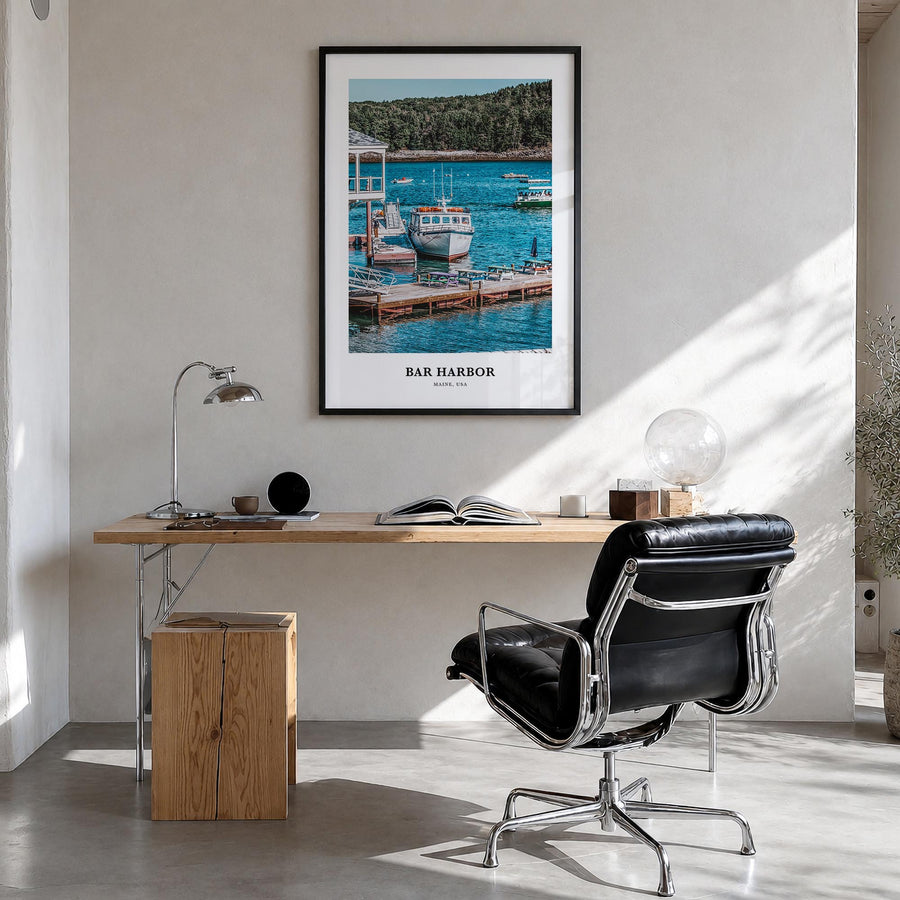 Bar Harbor no. 2 colorful classic poster of Maine, USA – vertical wall art in black wood frame, hanging on wall