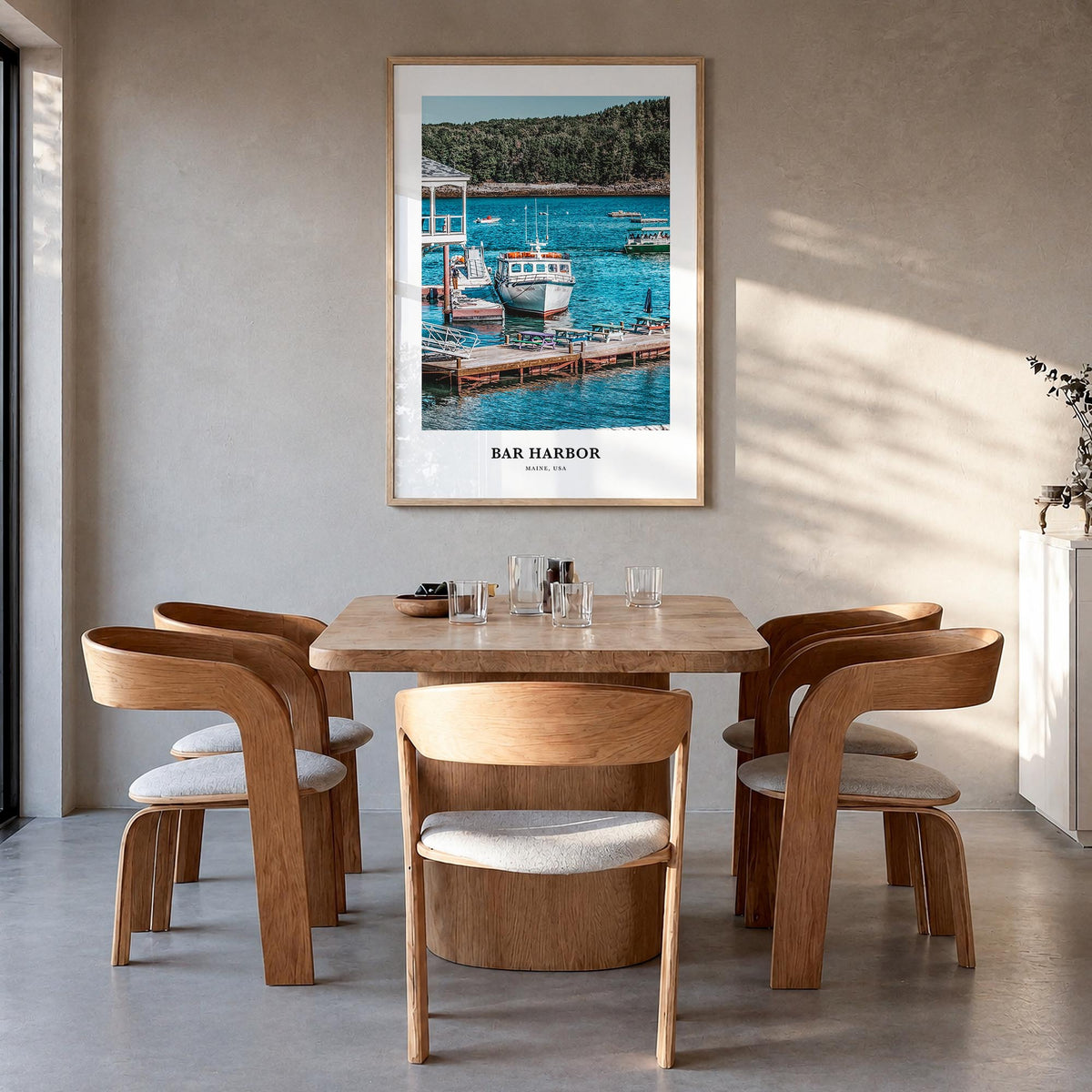 Bar Harbor no. 2 colorful classic poster of Maine, USA – vertical wall art in natural wood frame, hanging on wall