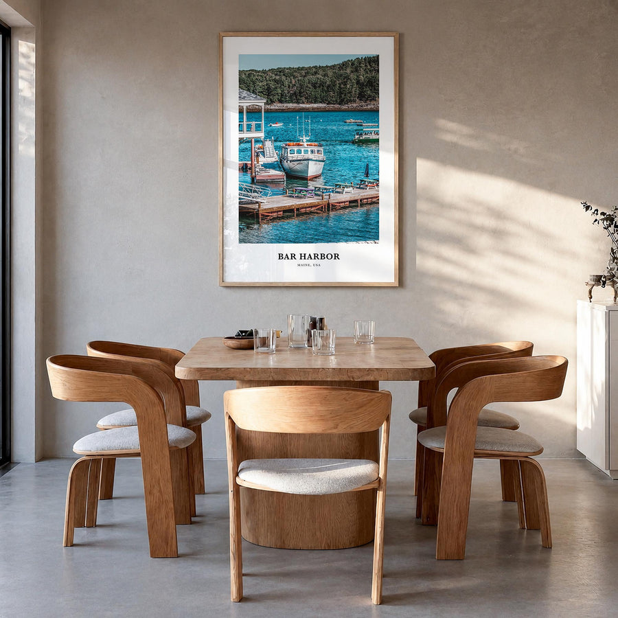 Bar Harbor no. 2 colorful classic poster of Maine, USA – vertical wall art in natural wood frame, hanging on wall