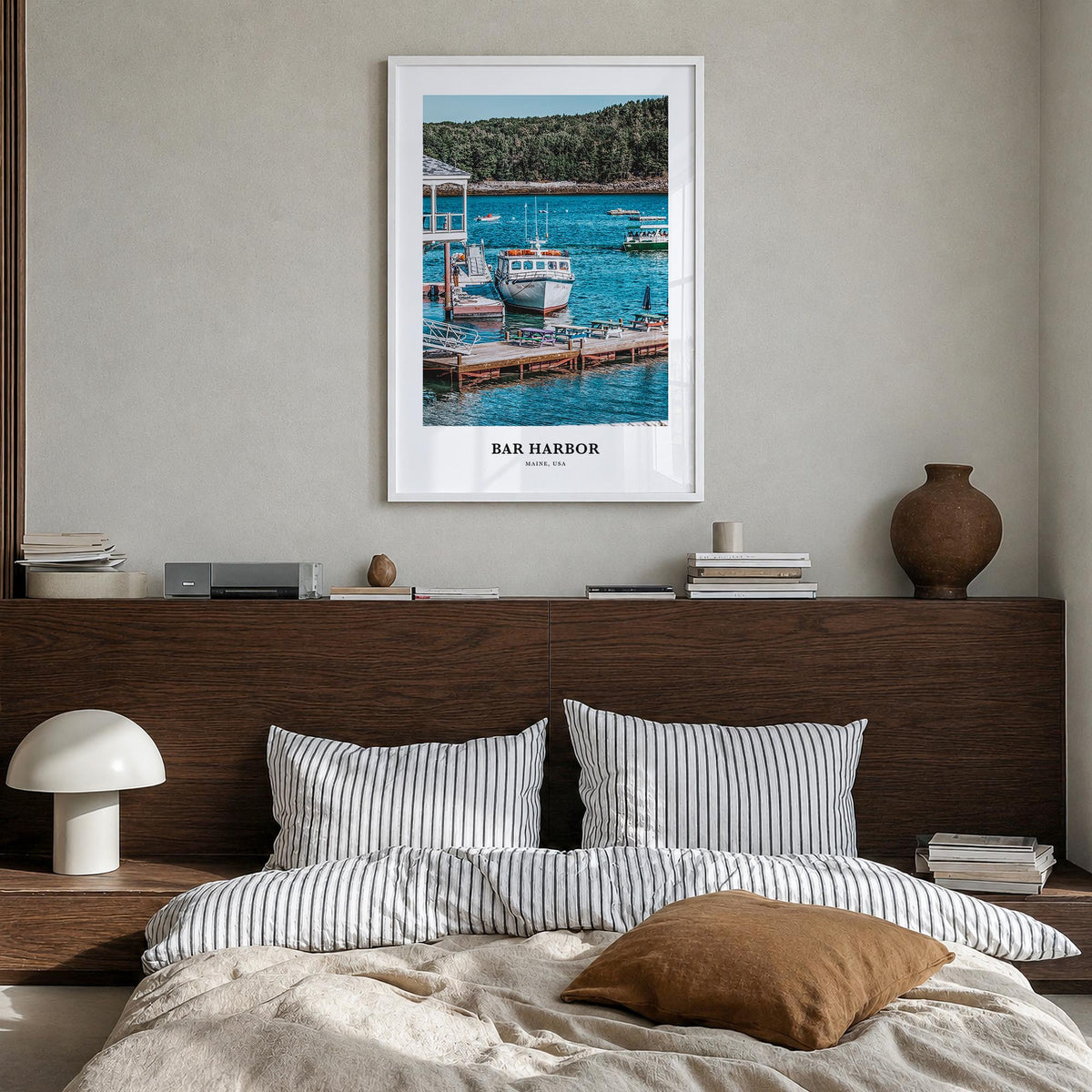 Bar Harbor no. 2 colorful classic poster of Maine, USA – vertical wall art in white wood frame, hanging on wall