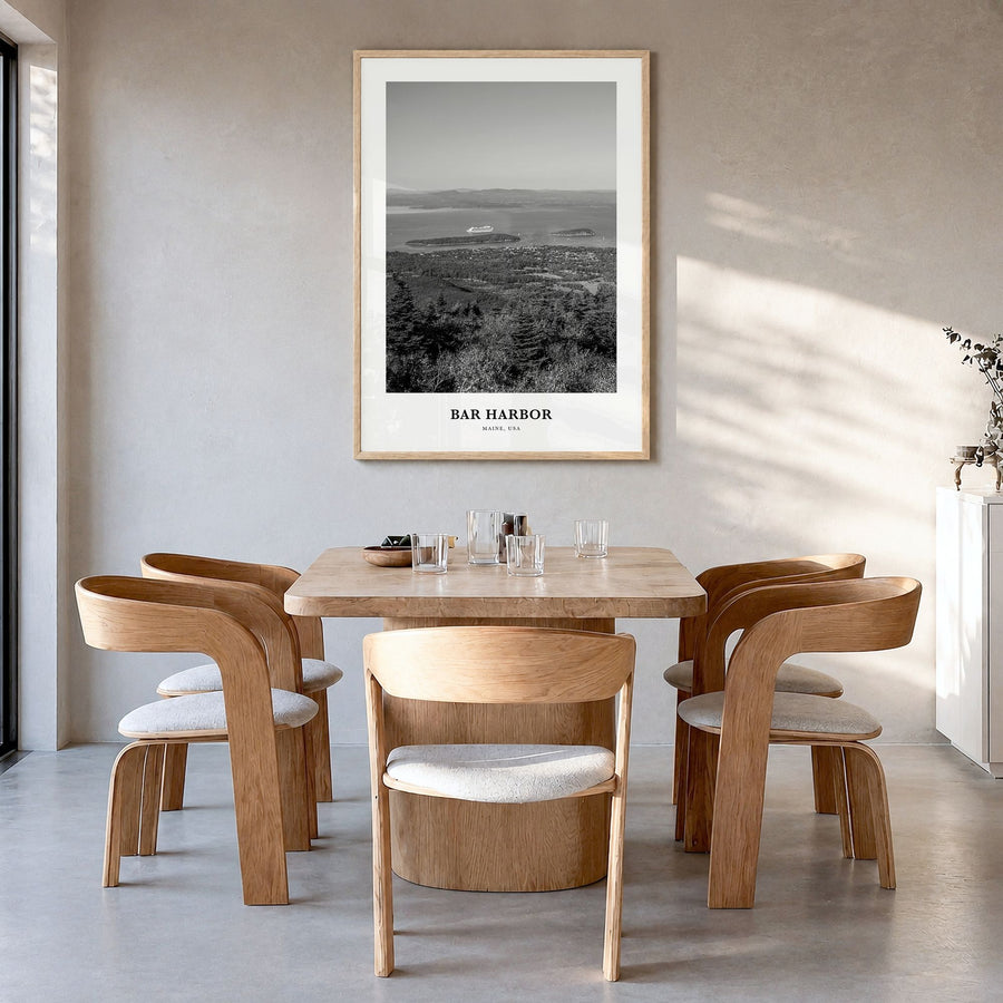 Bar Harbor Classic Poster in a natural wood frame, hanging in a dining room