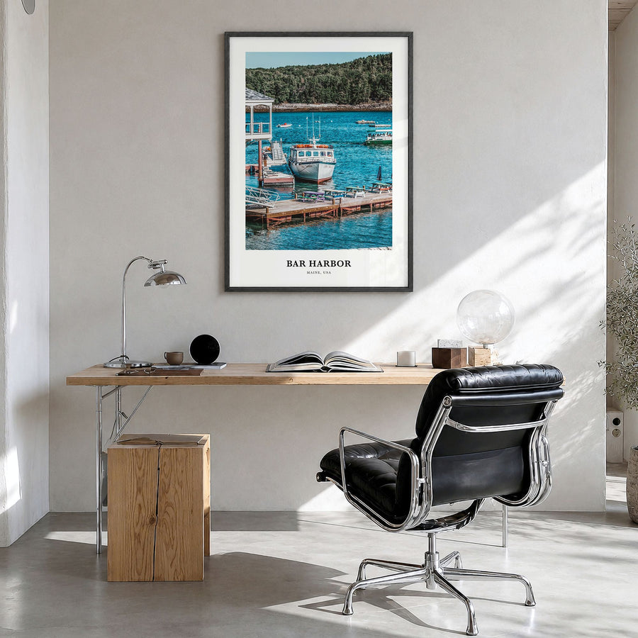 Bar Harbor Classic No 2 Poster in a black wood frame, hanging in a bright home office