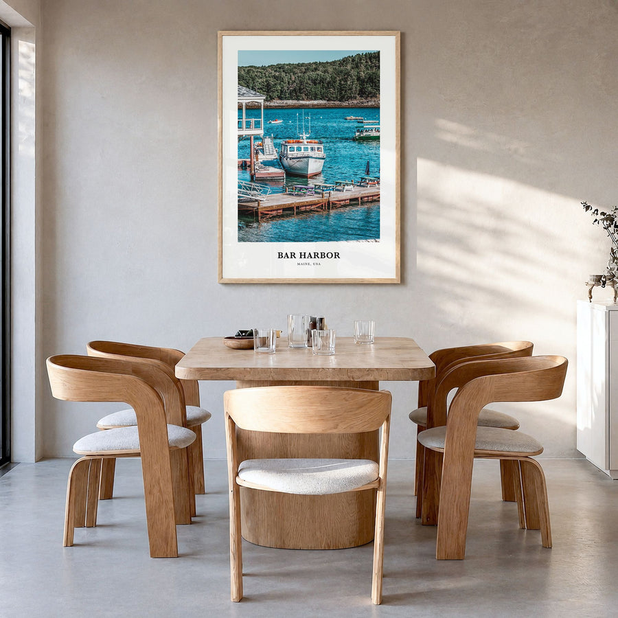 Bar Harbor Classic No 2 Poster in a natural wood frame, hanging in a dining room