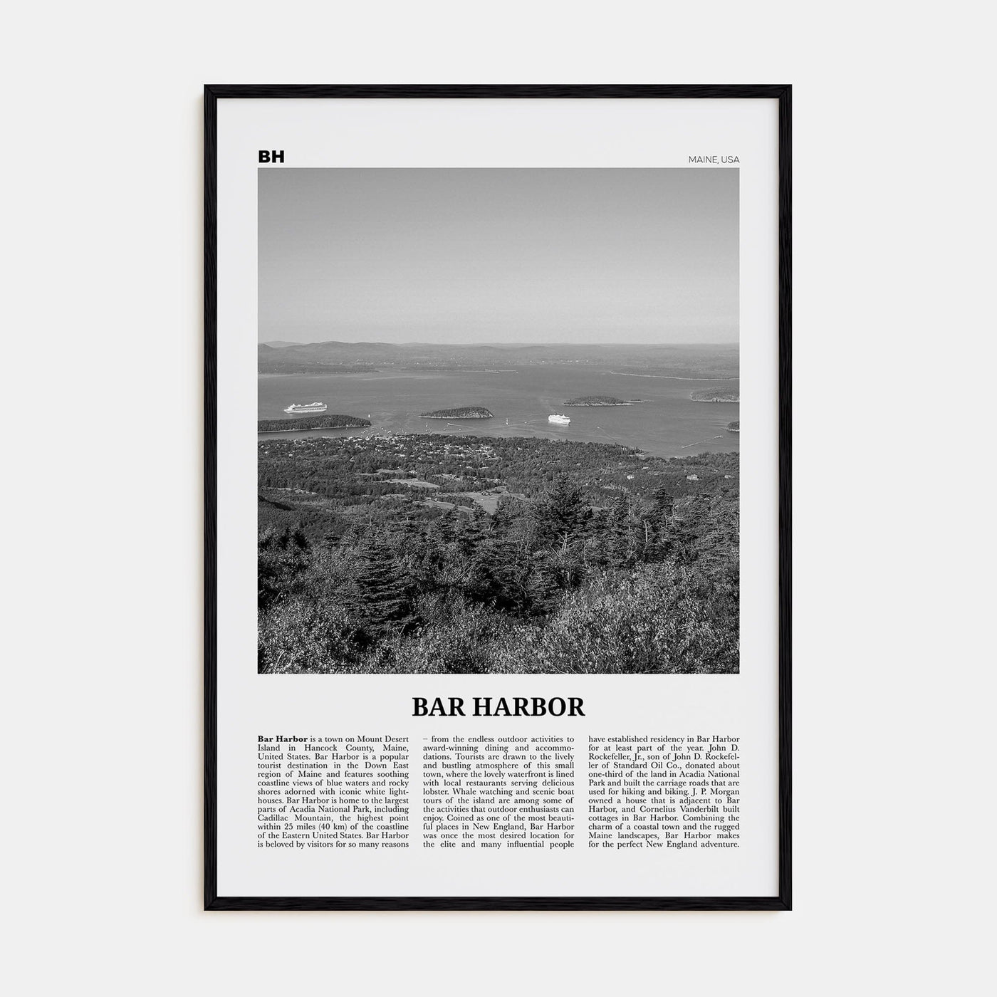 Bar Harbor Poster Black Wood / 8x12 in Nbourhood Travel B&W Poster