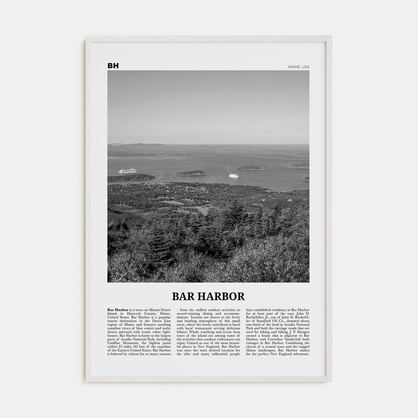 Bar Harbor Poster White Wood / 8x12 in Nbourhood Travel B&W Poster