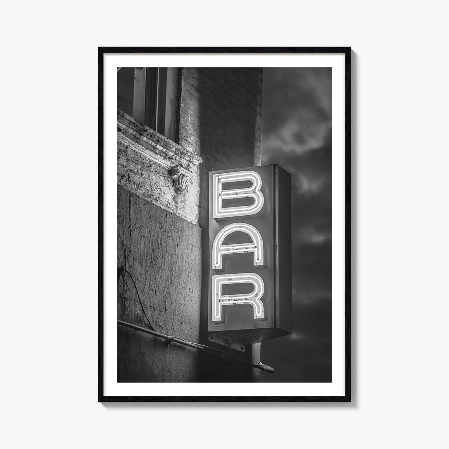 Bar Sign black & white photo poster – vertical wall art, unframed print shown in interior mockup