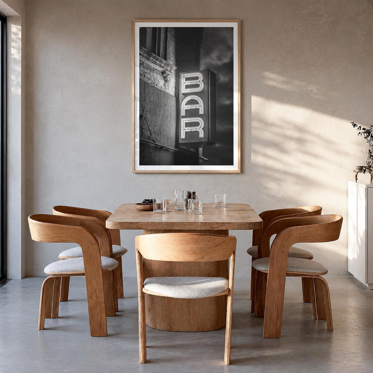 Bar Sign black & white photo poster – vertical wall art in natural wood frame with white border, hanging on wall