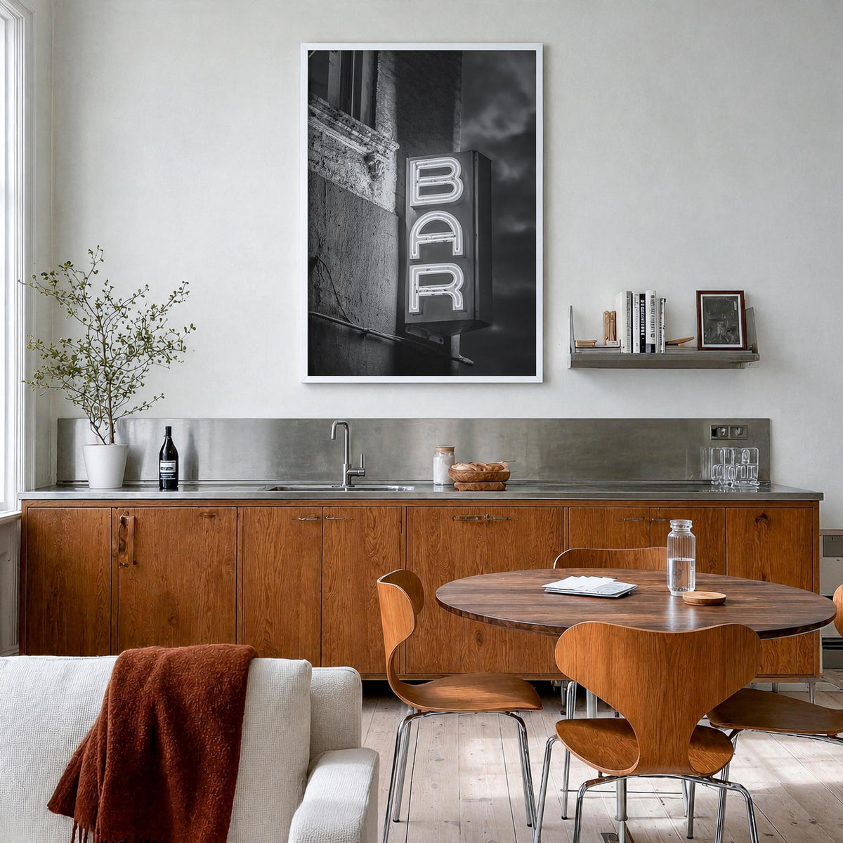 Bar Sign black & white photo poster – vertical wall art in white wood frame, hanging on wall