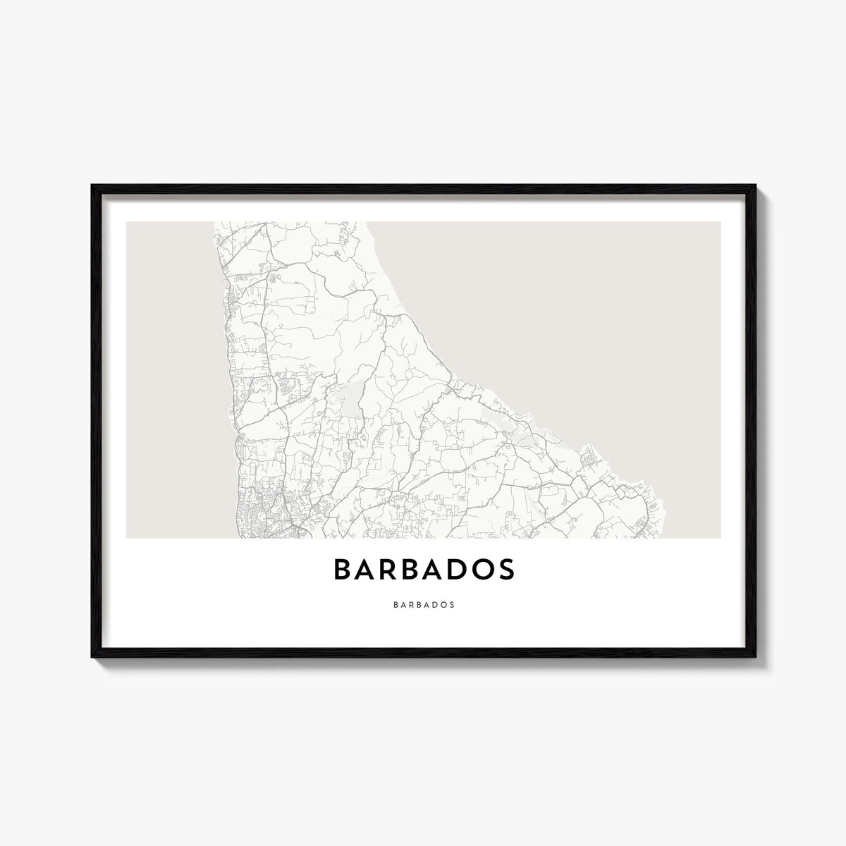 Barbados black & white map poster of Caribbean – horizontal wall art, unframed print shown in interior mockup