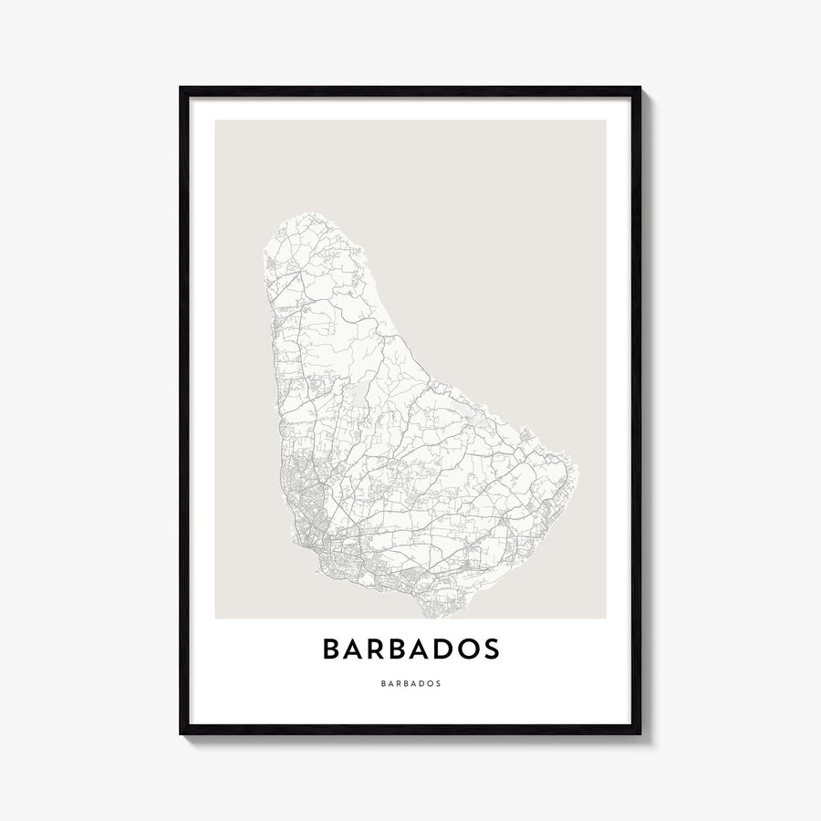 Barbados black & white map poster of Caribbean – vertical wall art, unframed print shown in interior mockup