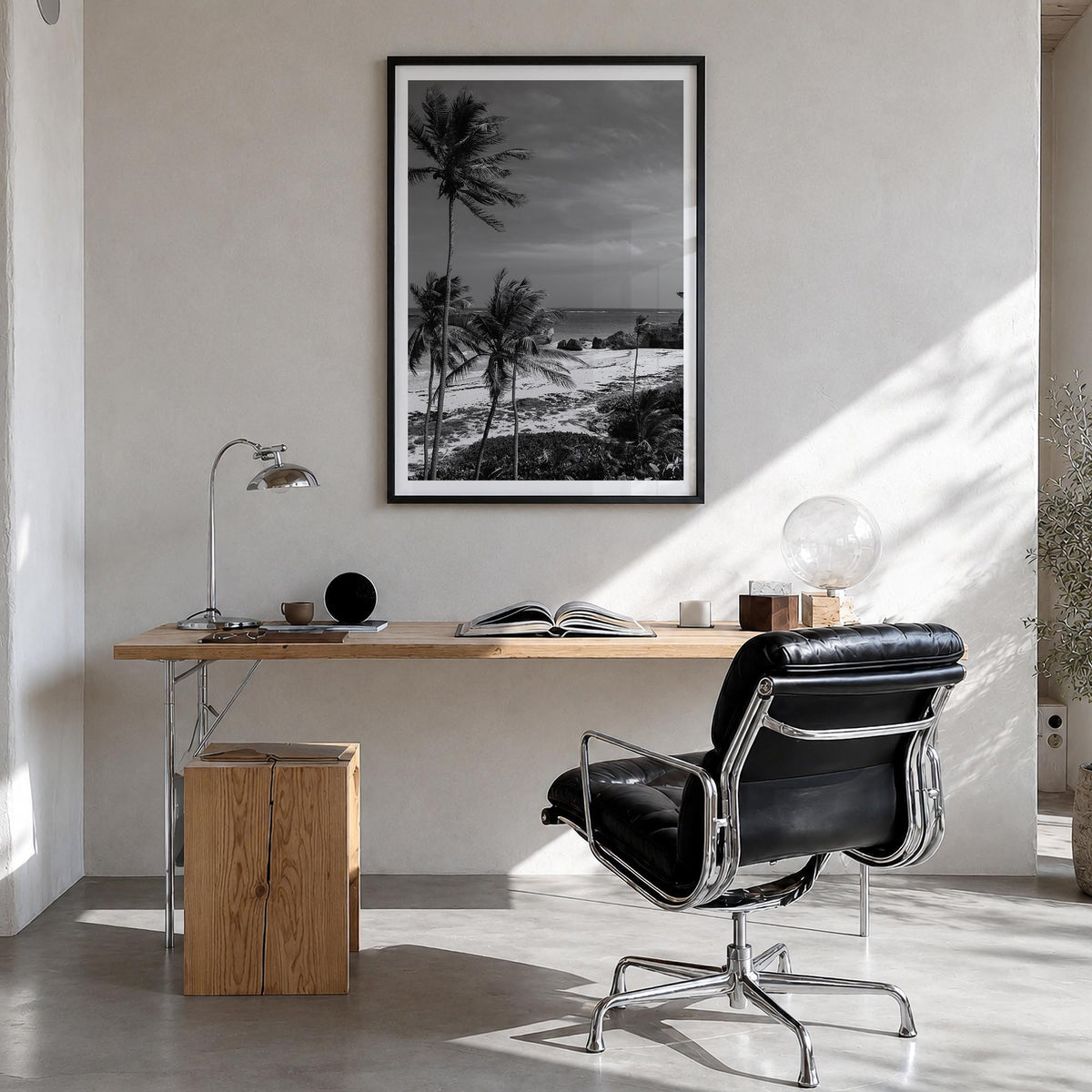Barbados black & white photo poster of Caribbean – vertical wall art in black wood frame with white border, hanging on wall