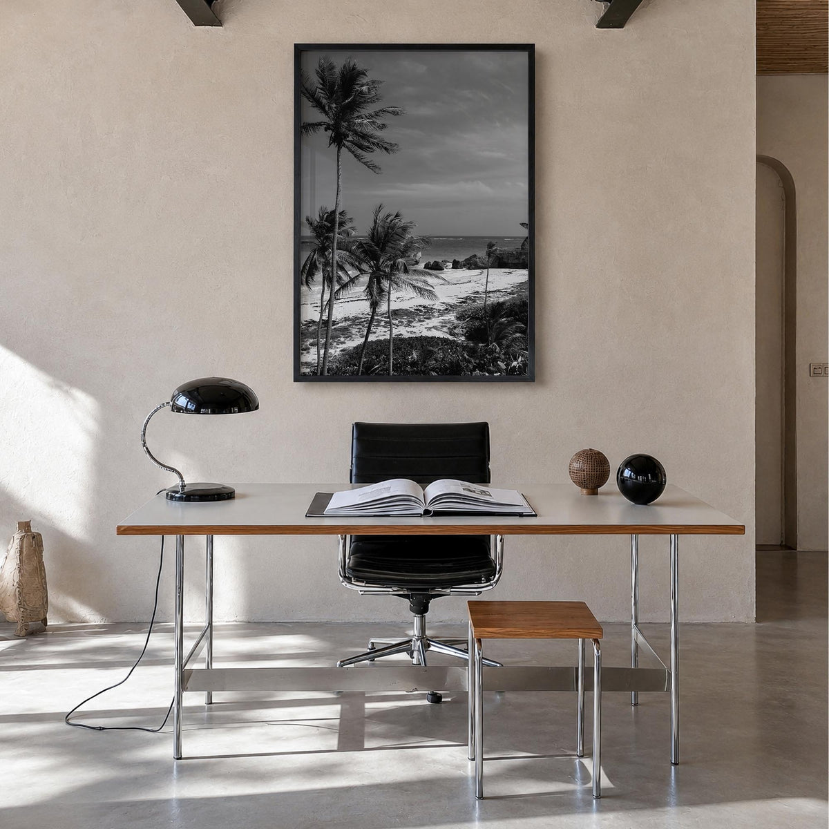 Barbados black & white photo poster of Caribbean – vertical wall art in black wood frame, hanging on wall