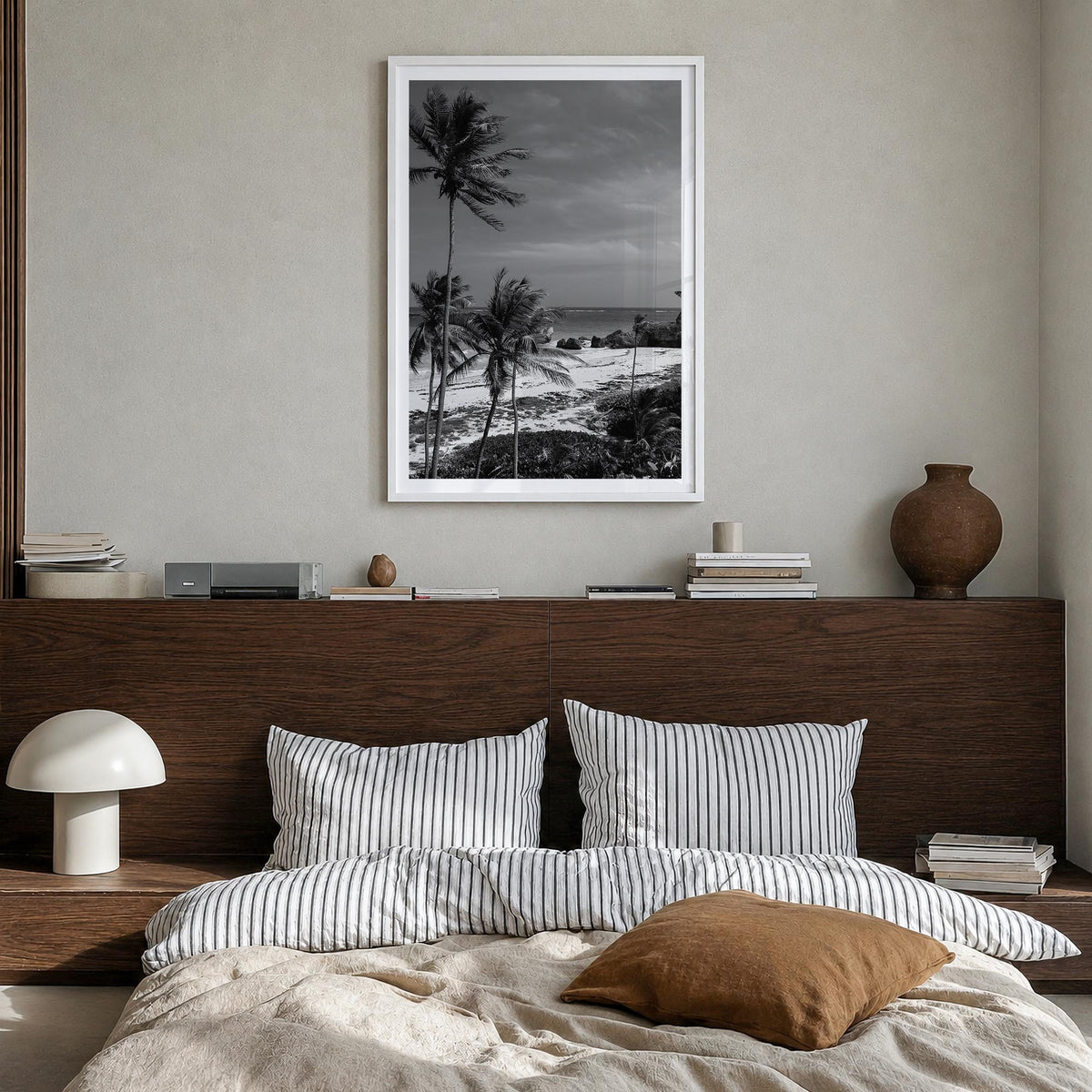 Barbados black & white photo poster of Caribbean – vertical wall art in white wood frame with white border, hanging on wall