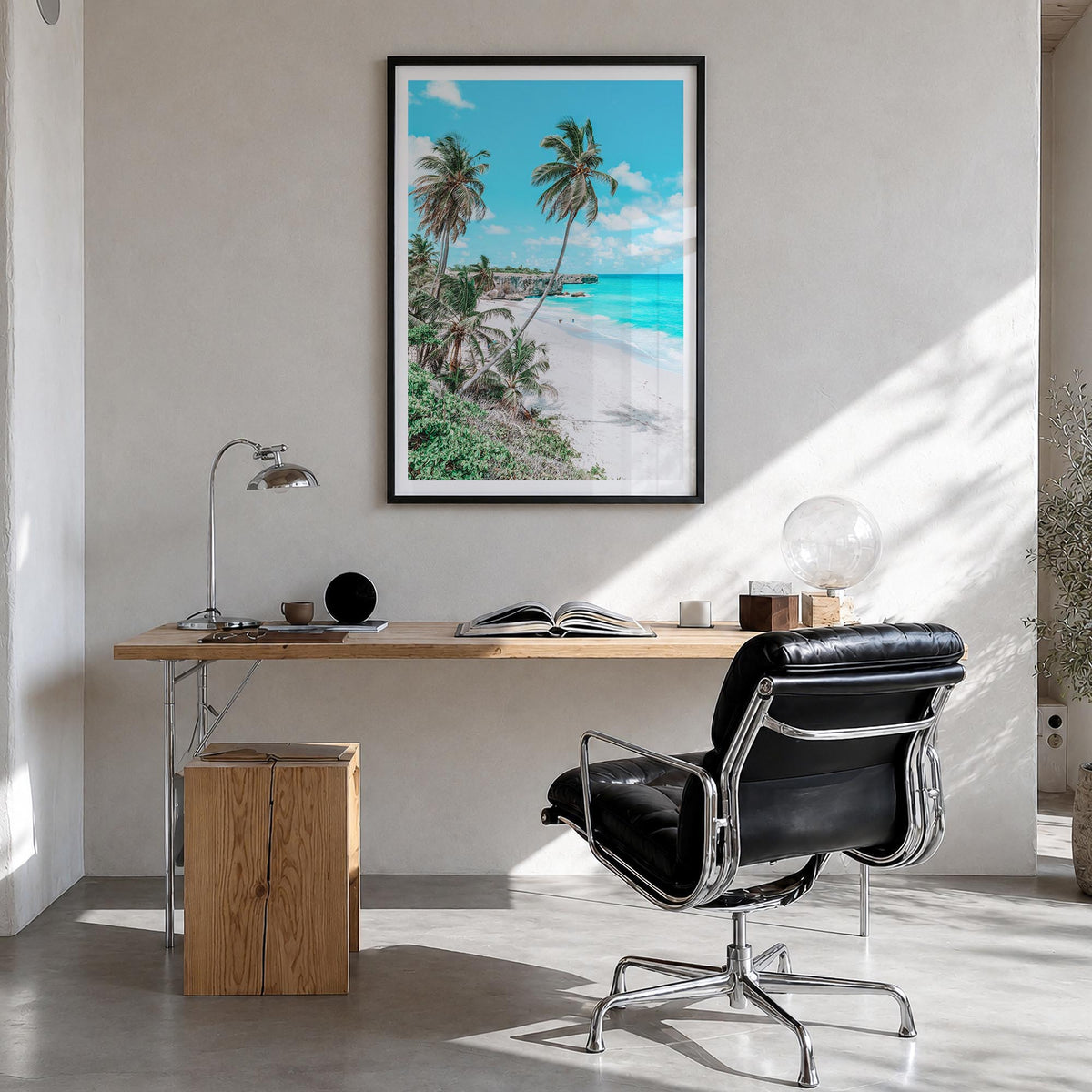 Barbados colorful photo poster of Caribbean – vertical wall art in black wood frame with white border, hanging on wall