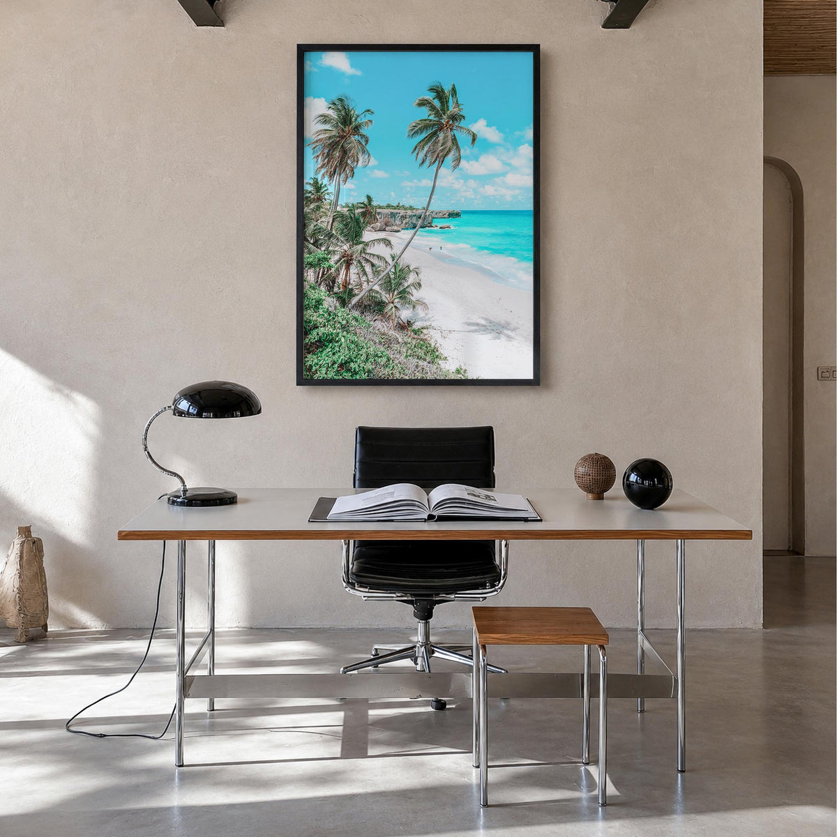 Barbados colorful photo poster of Caribbean – vertical wall art in black wood frame, hanging on wall