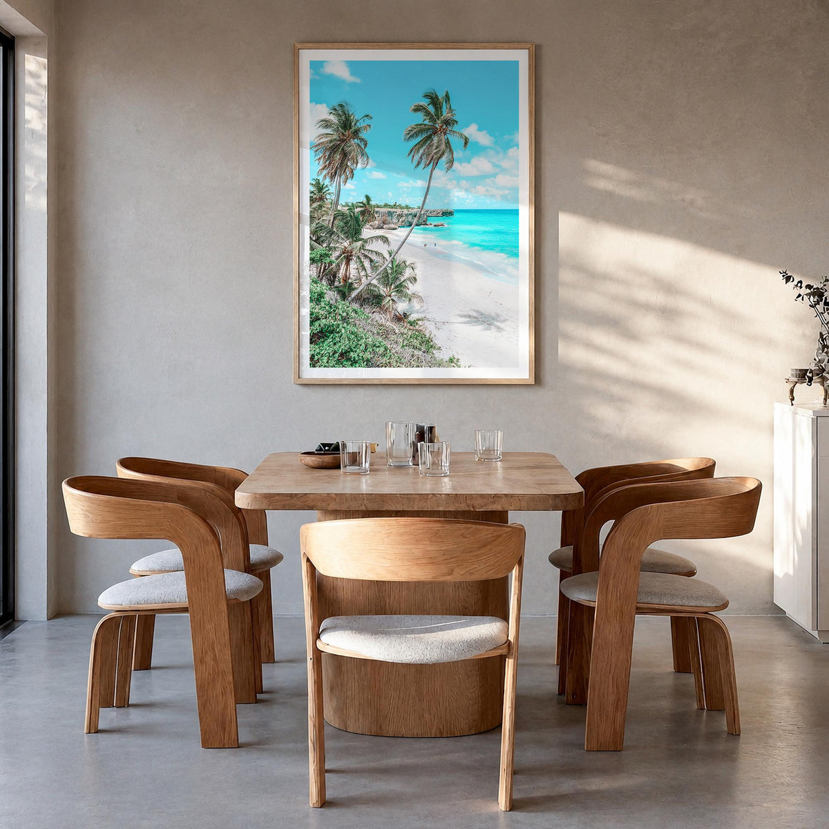 Barbados colorful photo poster of Caribbean – vertical wall art in natural wood frame with white border, hanging on wall