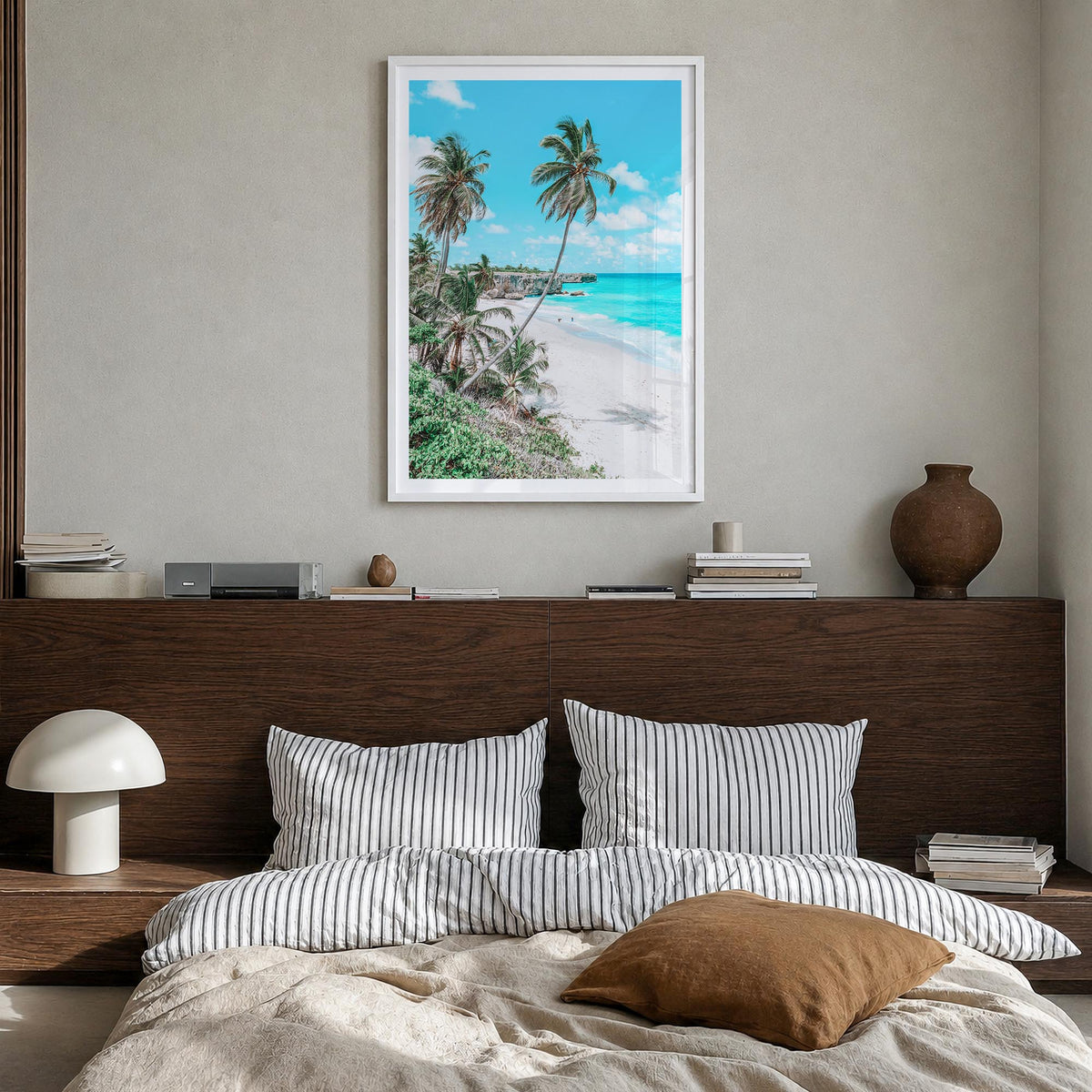 Barbados colorful photo poster of Caribbean – vertical wall art in white wood frame with white border, hanging on wall