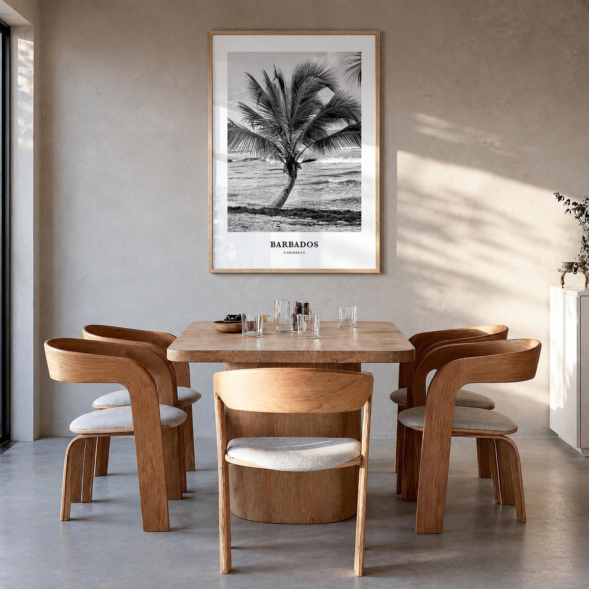 Barbados no. 1 black & white classic poster of Caribbean – vertical wall art in natural wood frame, hanging on wall