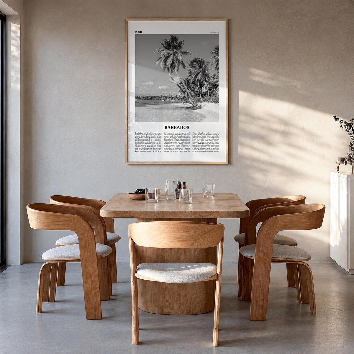 Barbados no. 1 black & white newspaper poster of Caribbean – vertical wall art in natural wood frame, hanging on wall
